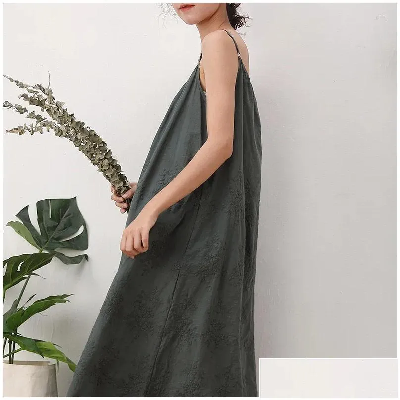 Casual Dresses Spring Summer Y2k Dress For Women Sweet Solid Colour Clothing Embroidery Loose Halter Bottom Cotton Linen Long