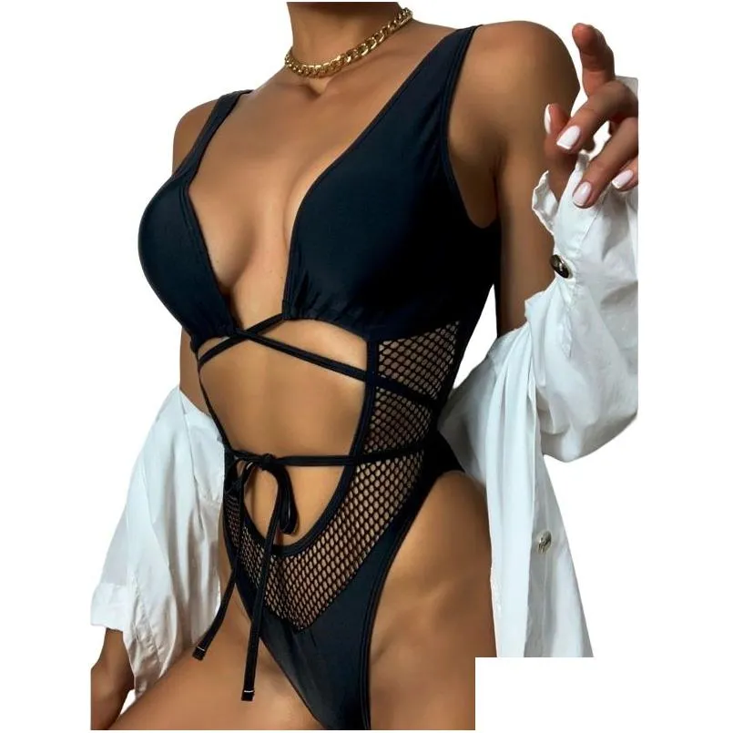 Swimsuit female mesh openwork lace-up swimsuit sexy backless one-piece women`s swimsuit