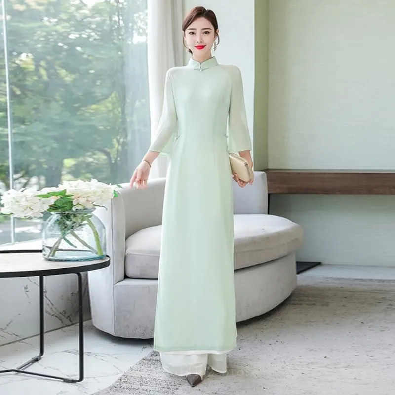 Ethnic Clothing 2022 Vietnamese Aodai Dress For Women Traditional Chinese Style Vintage Elegant Slim Qi Pao Top+pants Sets Asian