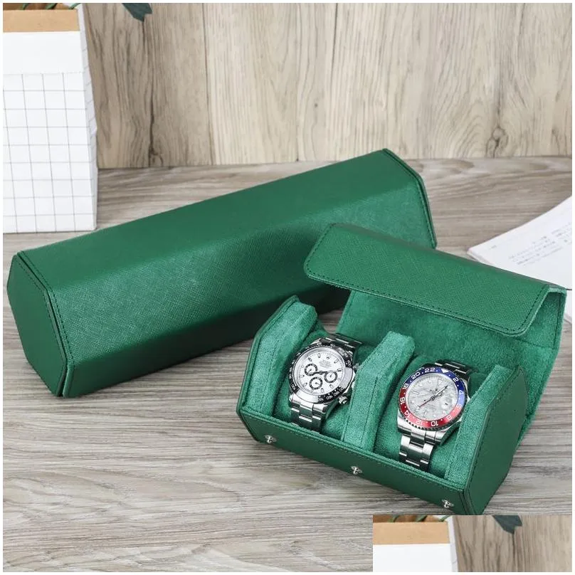 Watch Boxes & Cases Top 234Slots Roll Box Saffiano Genuine Leather Travel Jewelry Storage Organizer Green Portable Case Drop Delivery Dhy2N