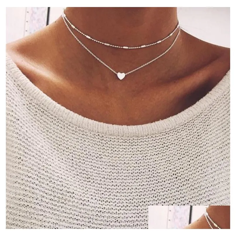 Chokers Two Layer Fashion Necklace Bead Choker Chains With O Chain Through Heart Sier Gold Color Plated Women Gift Drop Delivery Jewel Dhbav