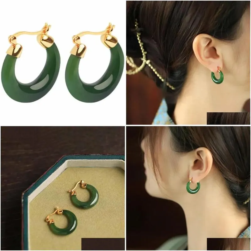 Designer original natural Hetian jasper hoop 14k Yellow Gold earrings for women high-quality  ancient charm dinner party jewelry