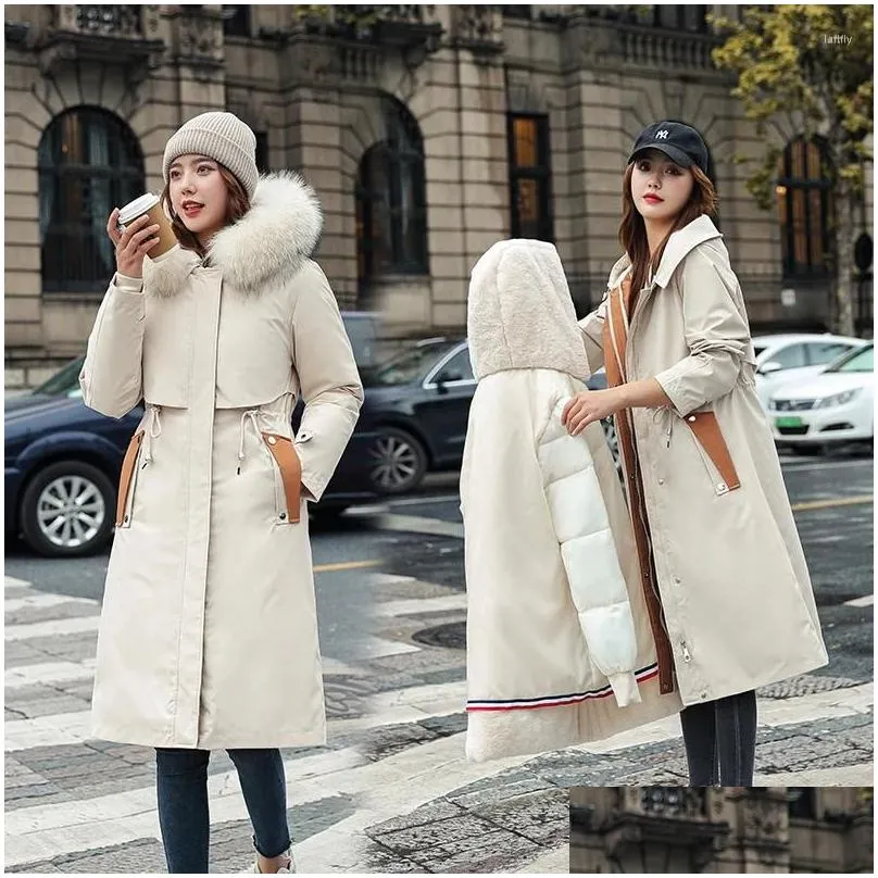 Women`s Down 2023 Winter Women Fleece Long Parkas Jackets 2 Pes Thicken Warm Fur Collar Hooded Padded Coat Female Outwear