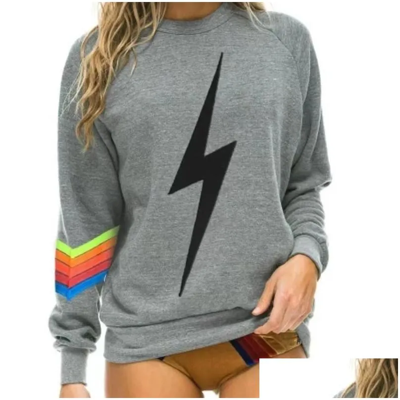 Women`S Hoodies & Sweatshirts Women S 2023 Autumn And Winter Elastic Sweatshirt Rainbow Print Round Neck Plover Nation 5 Srtipe Sweat Dhj49