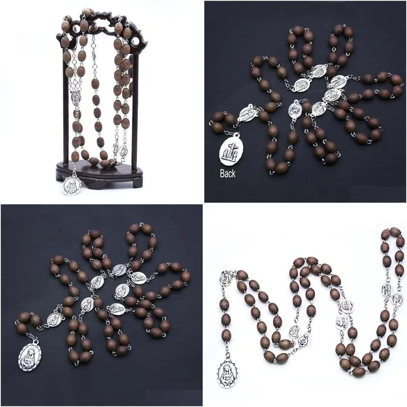 Beaded Necklaces Seven Sorrow Chaplet Rosary Oval Wooden Beads Rosaries With Virgin Mary Center Catholicism Gift Relius Drop Delivery Dhzrk