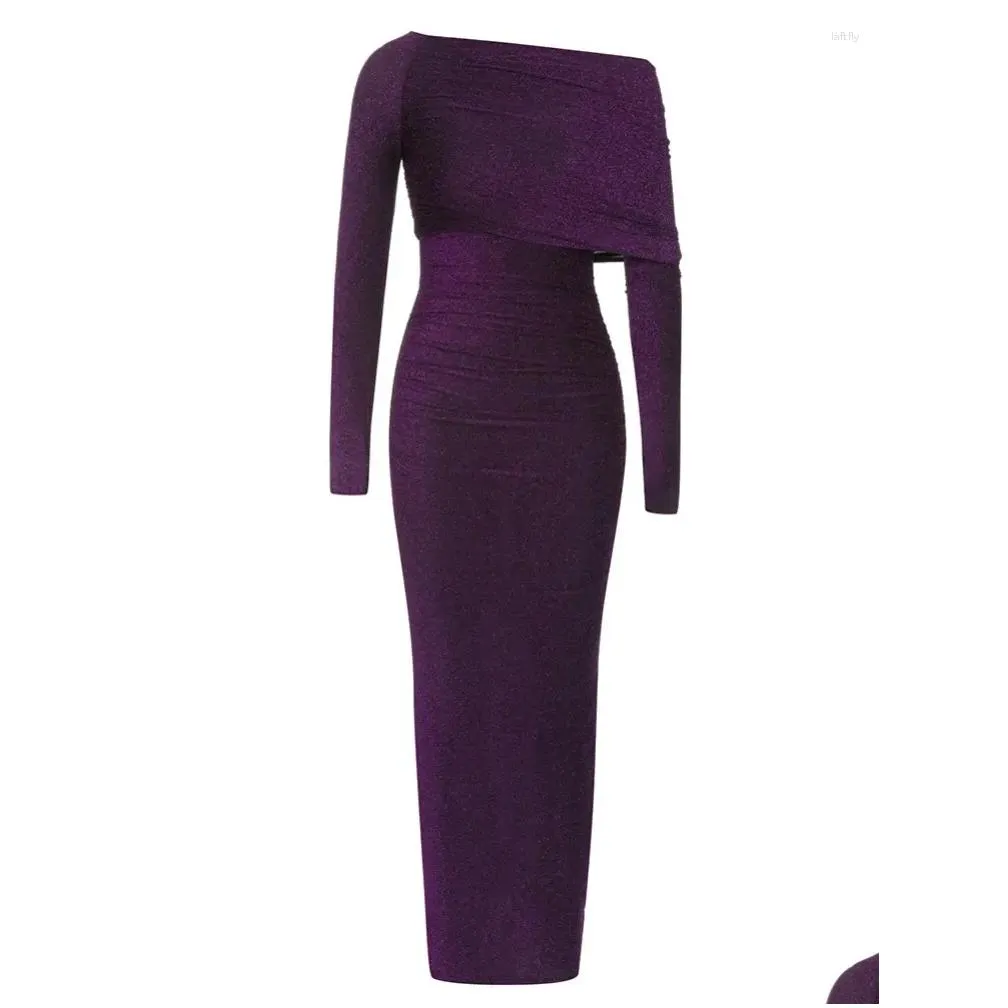 Casual Dresses Sexy One Shoulder Pleated Long Dress Women Purple Brilliant Sleeves Folds Design Bodycon Maxi Cocktail Evening Party