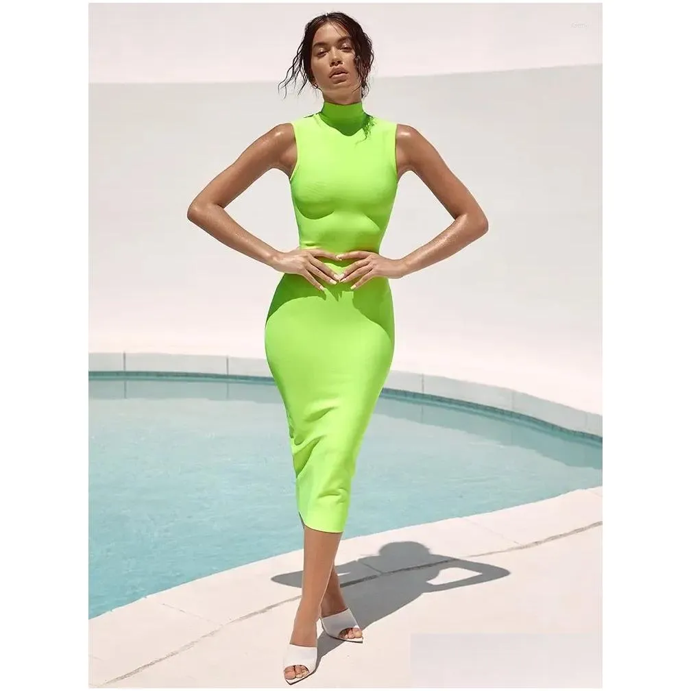 Casual Dresses HQBORY Vintage Green Tank Bandage Dress 2024 For Women Office Lady Classic Red Bodycon Tight Slim Split Midi Vestidos