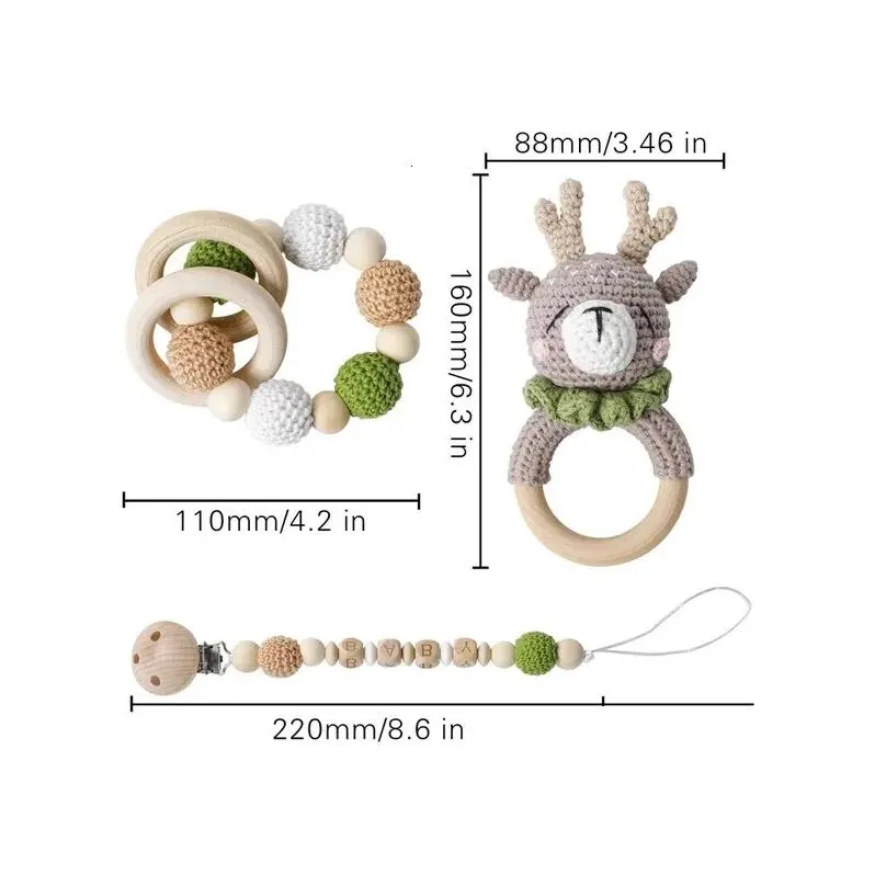 1Pc Baby Wooden Rattles Plush Crochet Giraffe Animal Music Bell Personalized Pacifier Chain Clip Teething Bracelets born Toys 240327