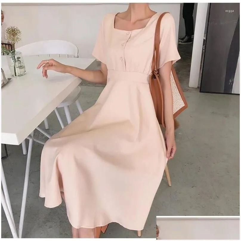 Party Dresses Korean Women Summer Dress Solid High Waist Square Collar Short Sleeve For Casual Loose Maxi Vestido 14140
