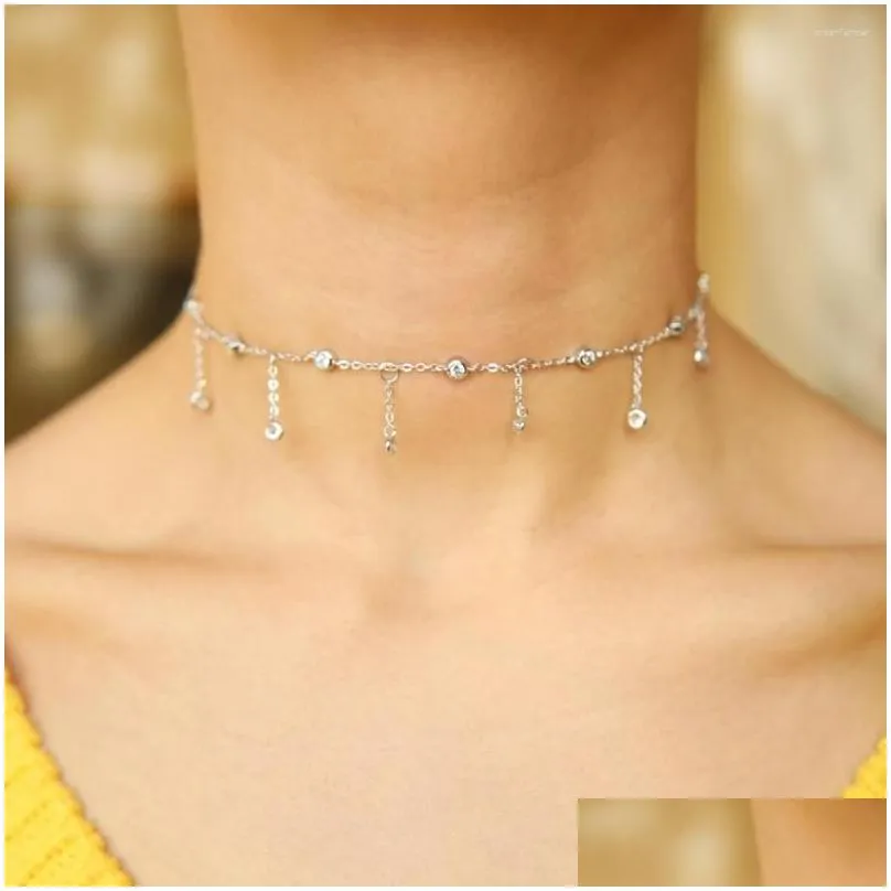 Chains 925 Sterling Silver Micro Pave Cubic Zirconia Cz Station Chain Dangle Star Drop Choker Necklaces For Women Wedding Jewelry