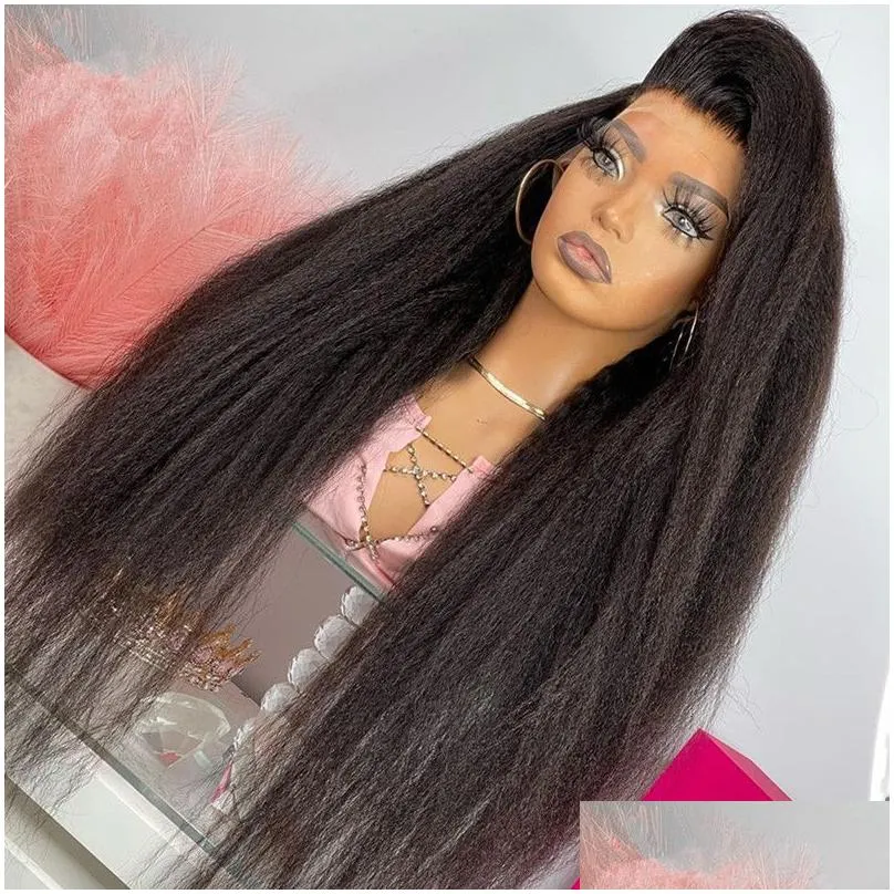 Mongolian Hair Black Kinky Straight Wigs For Black Women Glueless Human Hair Wig Yaki HD Transparent Glueless Full Lace Front Wig Pre