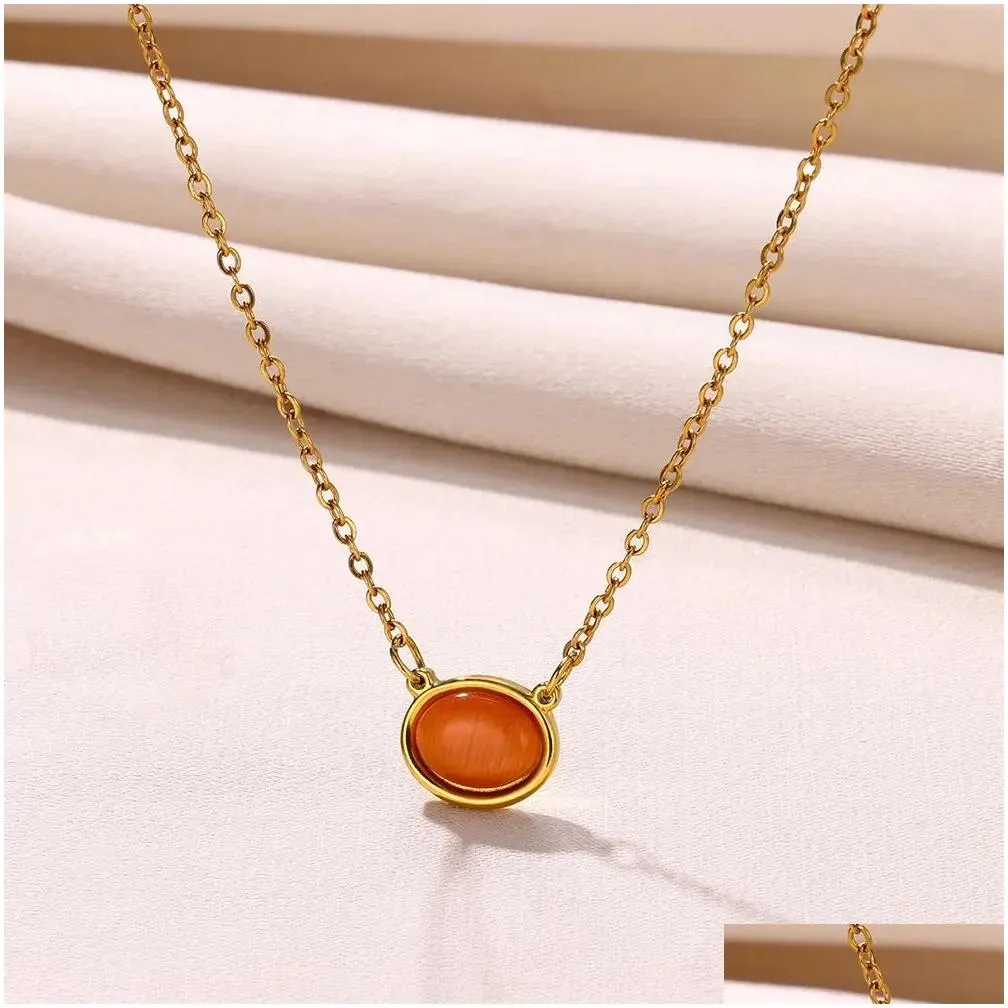 Orange Opal Round Shape 14k Yellow Gold Necklaces Pendant For Women Geometric Choker Neckaces Wedding Jewelry Gifts