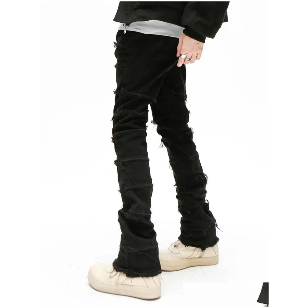 Men`S Jeans Mens Black Skinny Denim Heavy Destruction Ripped Biker European American Streetwear Hip Hop Baggy Pants For Men 230306 Dr Dhe4B