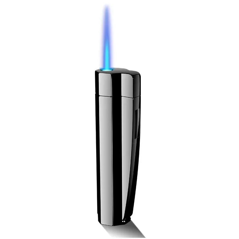 Lighters New Windproof Cigarette Torch Cigar Lighter Side Press Ignition Metal  Blue Flame Refillable Butane Gas Gadgtes Drop Deliv Dhdj7