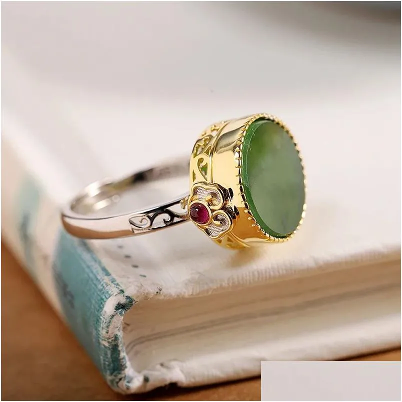 Round natural Hetian jasper 14K White Gold rings for women classic exquisite openable Gawu Box Chinese style fashion jewelry