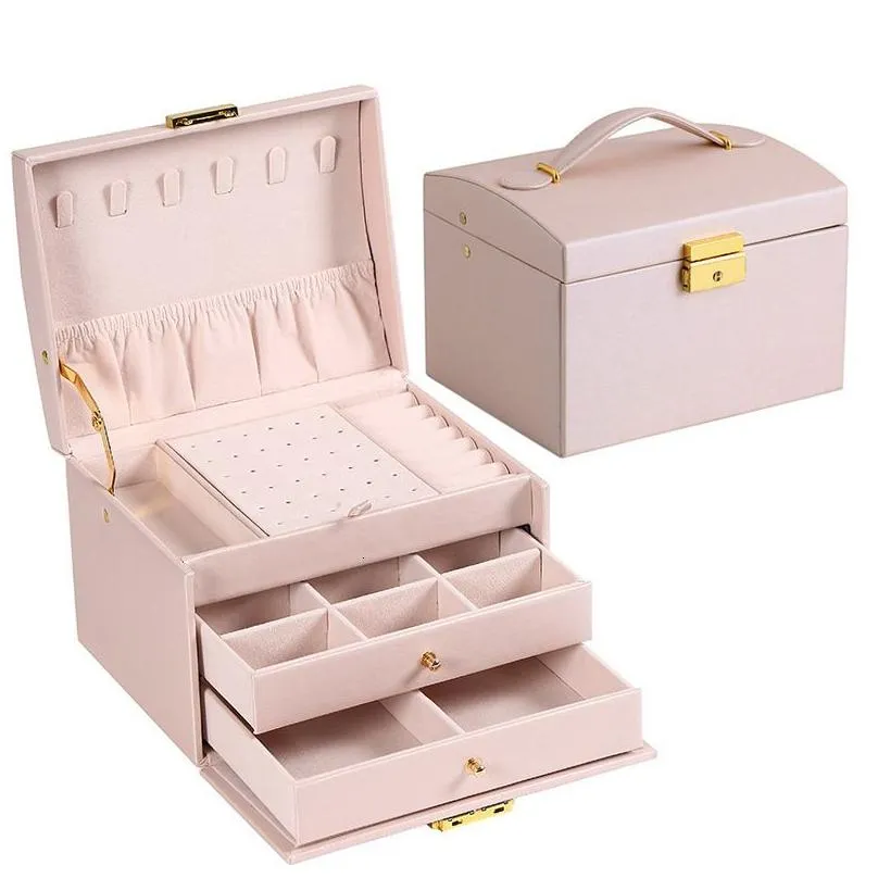 Jewelry Boxes Mtifunctional Threelayer Leather Derstyle Box Earrings Lock 230310 Drop Delivery Dhqlt