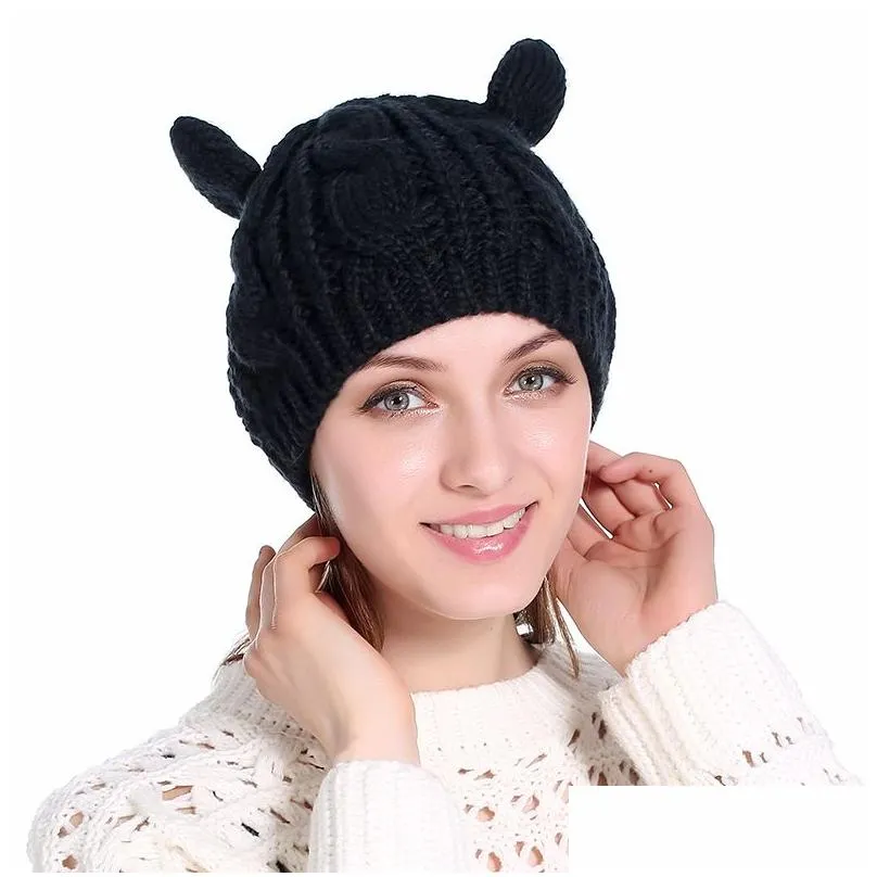 Beanie/Skull Caps Cute Cat Ear Winter Beanies For Women Casual Warm Soft Wool Blends Skl Knitted Gorro Ladies Sweet Berets Ski Hat Dro Dhjwz