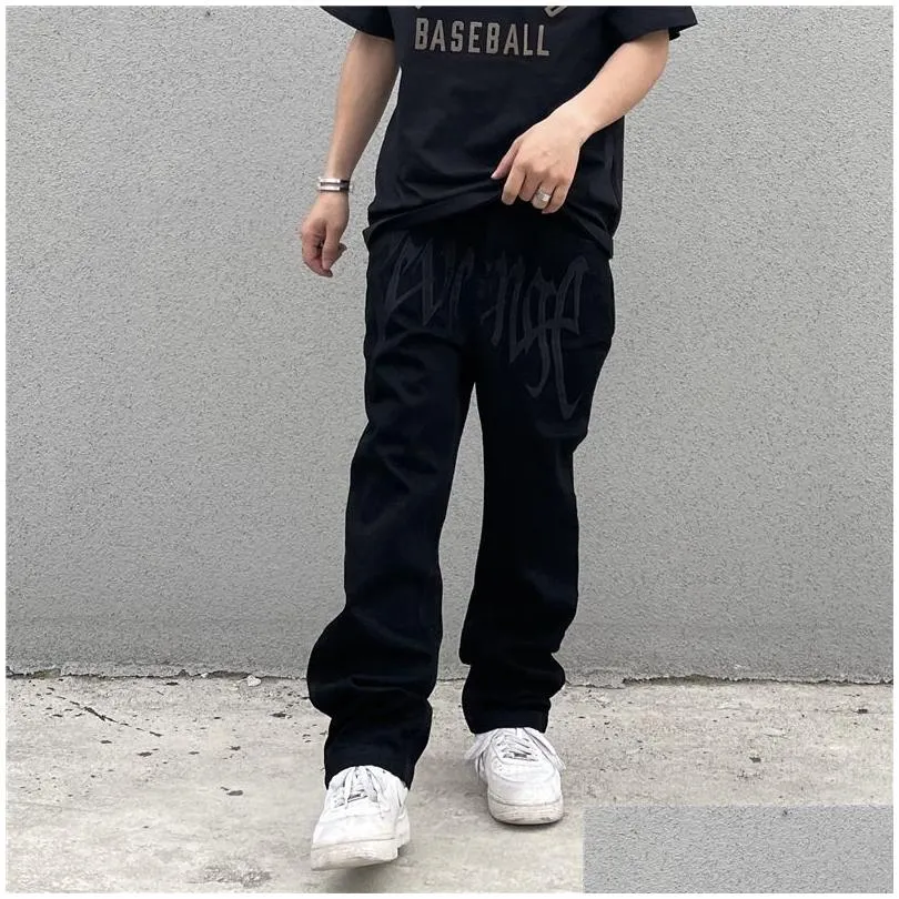 Men`S Pants Mens Y2K Emo Fashion Black Streetwear Embroidered Low Rise Baggy Jeans Trousers Straight Hip Hop Alt Denim Male Clothes 2 Dh9Mv