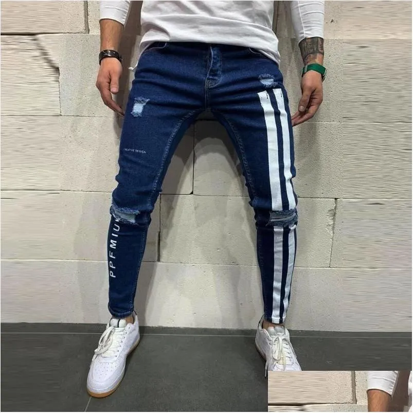 Men`S Jeans Mens Trendy Men Skinny Biker Destroyed Frayed Fit Denim Ripped Pants Side Stripe Pencil Hip Hop Streetwear Drop Delivery Dhfnq