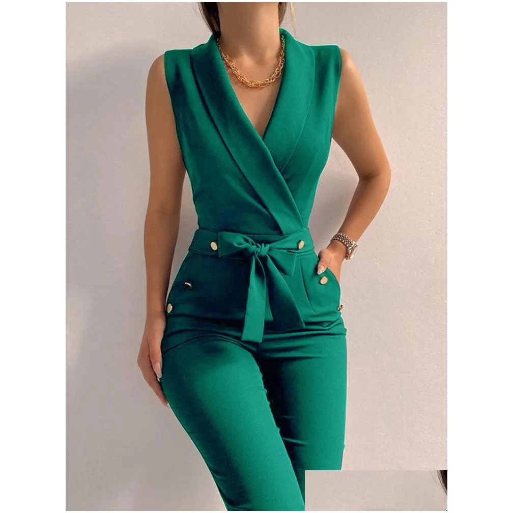 Women`S Jumpsuits & Rompers Y Black Office Jumpsuit Lady Elegant Pocket Metal Button Bodycon Playsuit Casual Sleeveless Lace-Up Rompe Dhca3