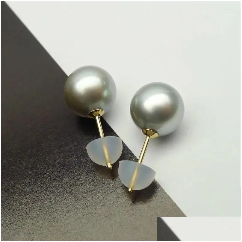 Stud Earrings 18k Yellow Gold Round Silver Gray Tahitian Cultured Pearl 9-9.5mm