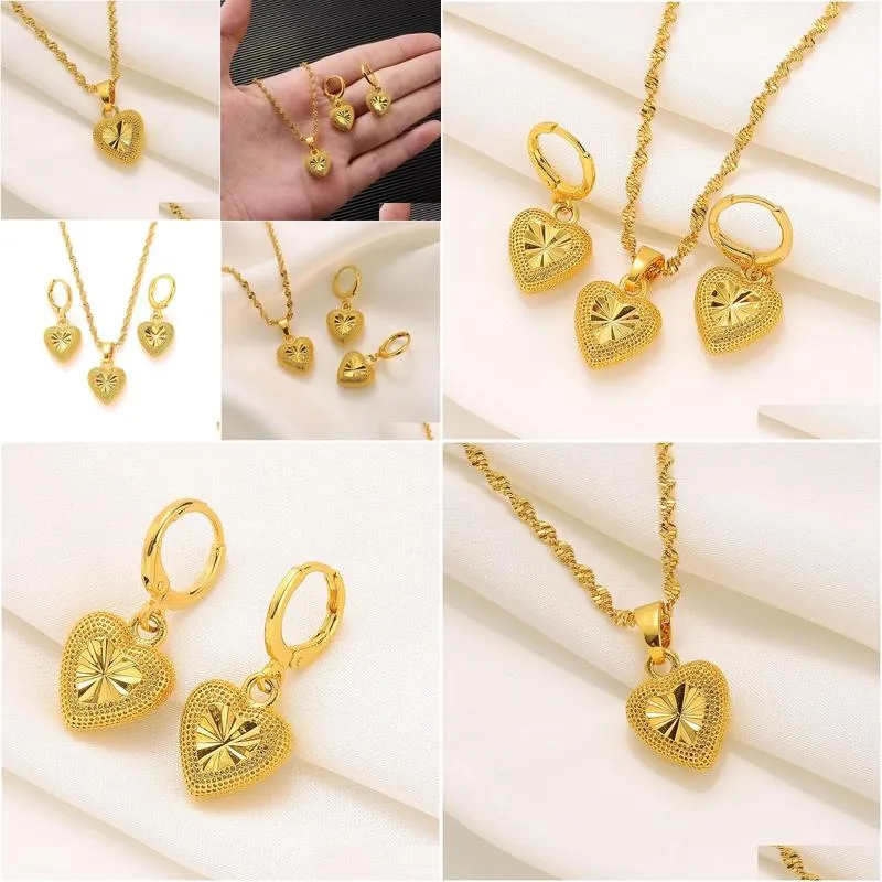 3 D Heart Shape Earring Pendant Necklace Set 14k Yellow Fine solid Gold Over Jewelry Women Dubai