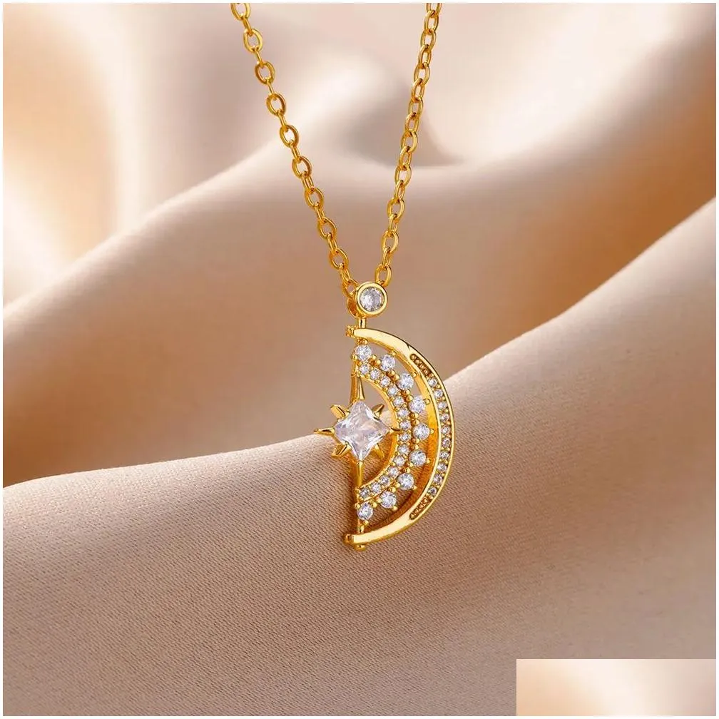 14k Gold Semicircle crescent moon Necklace For Women Girls Zircon star moon necklace Vintage Jewelry Collier