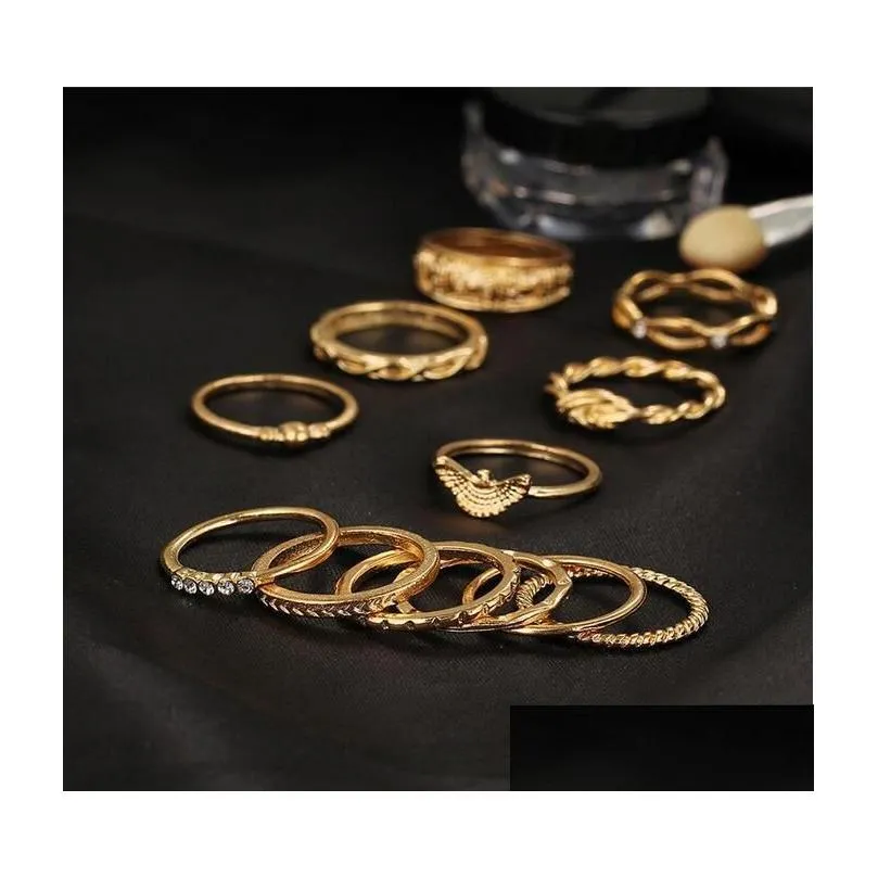 Band Rings 12 Pc/Set Charm Gold Color Midi Finger Ring Sets For Women Vintage Boho Knuckle Party Punk Jewelry Drop Delivery Dheio