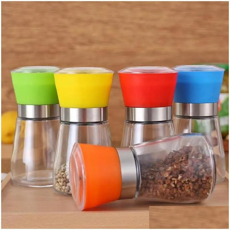 Mills Kitchen Tools Pepper Grinder Mill Glass Round Bottle Salt Herb Spice Hand Manual Cooking Bbq Seasoning Drop Delivery Home Garden Dhhue