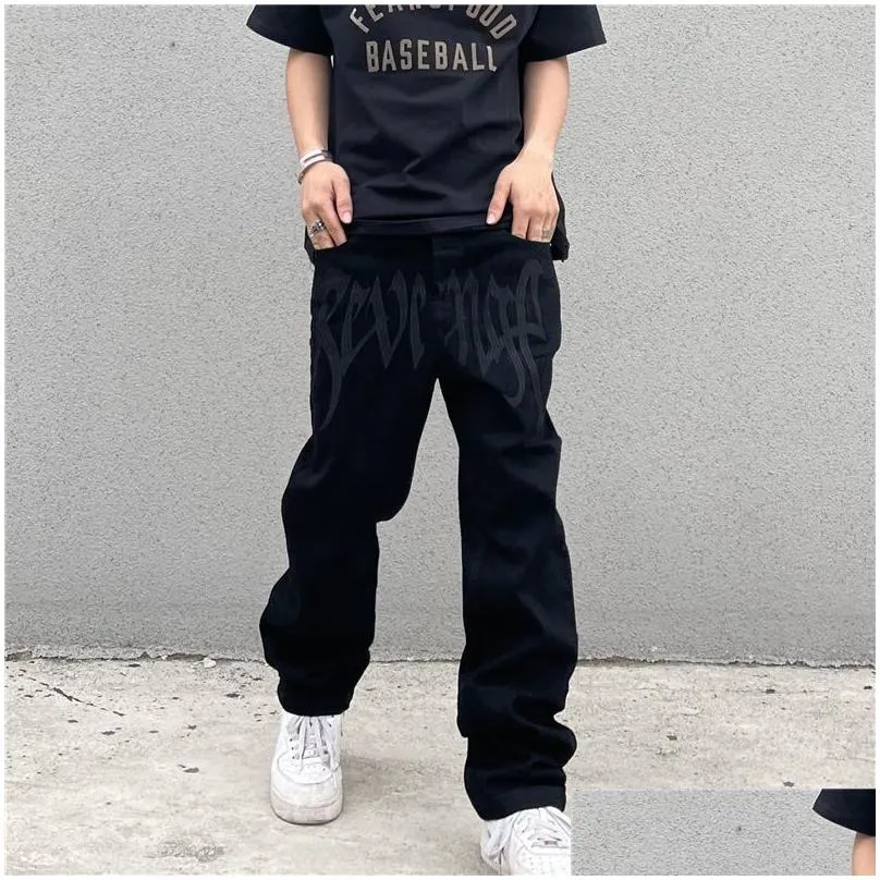 Men`S Pants Mens Y2K Emo Fashion Black Streetwear Embroidered Low Rise Baggy Jeans Trousers Straight Hip Hop Alt Denim Male Clothes 2 Dh9Mv
