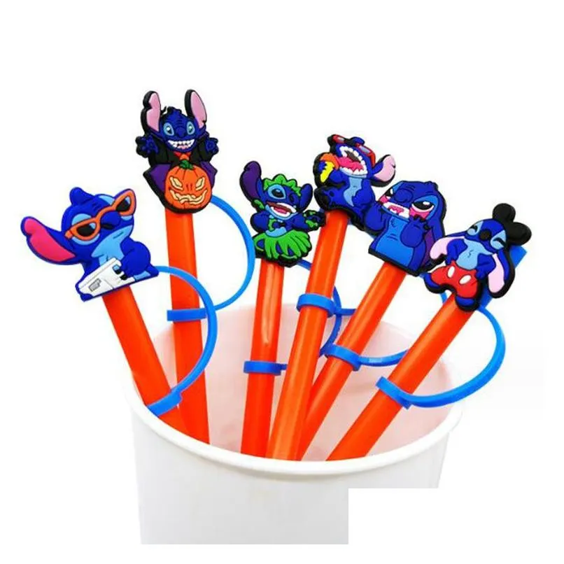 new styles blue straw toppers covers charms pvc reusable dust plug cartoon anime decoration accessories for straws