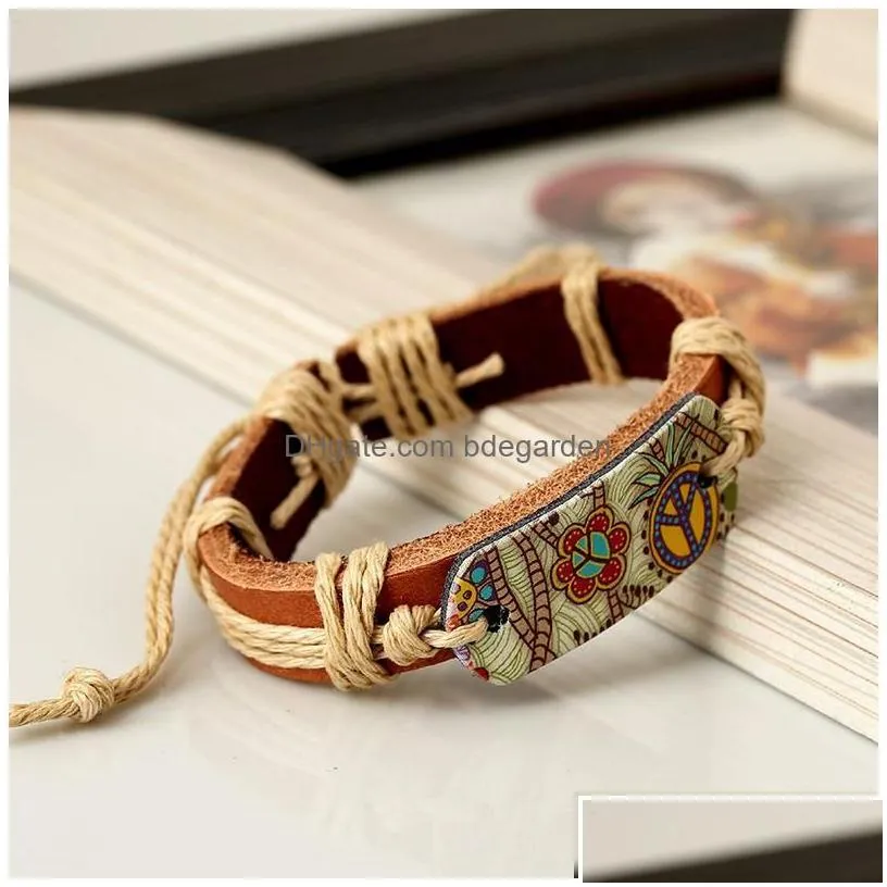 Charm Bracelets Rope Weave Braided Leather Bracelet Vintage Style Pyrograph Heat Transfer Printing Peace Sign Men Women Drop Delivery