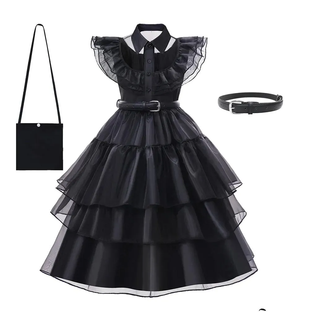 Dresses Girl`s Dresses For Girl Cosplay Dress Costumes Black Gothic Wednesday Addams Dresses Children Clothes Halloween Party 230531