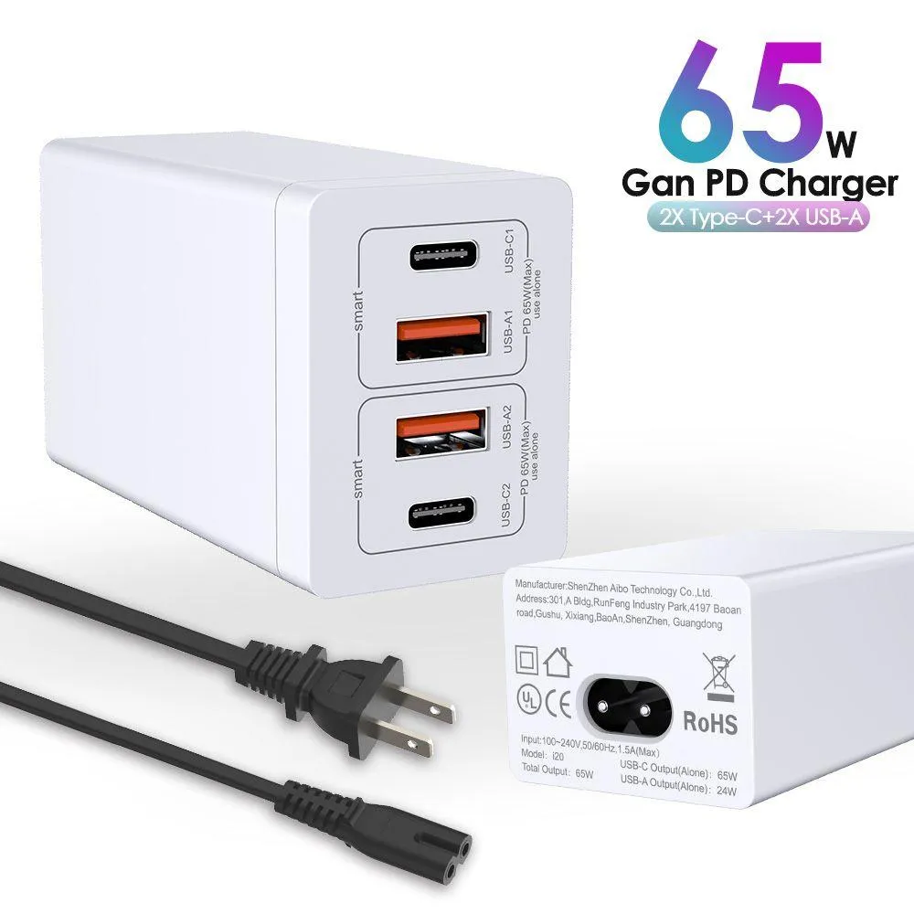 65W GaN USB-C  Smart charging Station With USB C output, Suitable For Mobile Phones, Laptops, Tablets, etc.