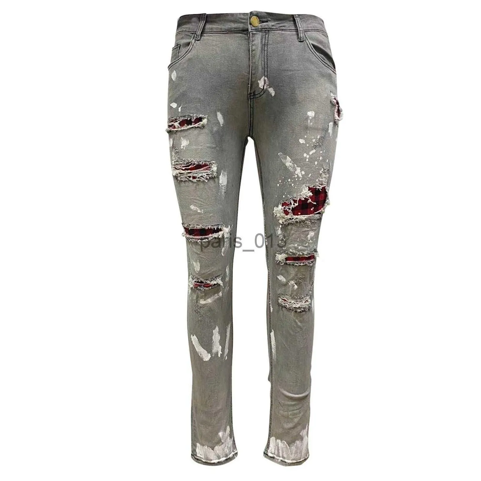 Men`S Jeans Mens New Denim Straight Pocket Stitching Plaid Trousers Died Pants Men Casual Loose Undefined P3 210318 Drop Delivery App Dho1T