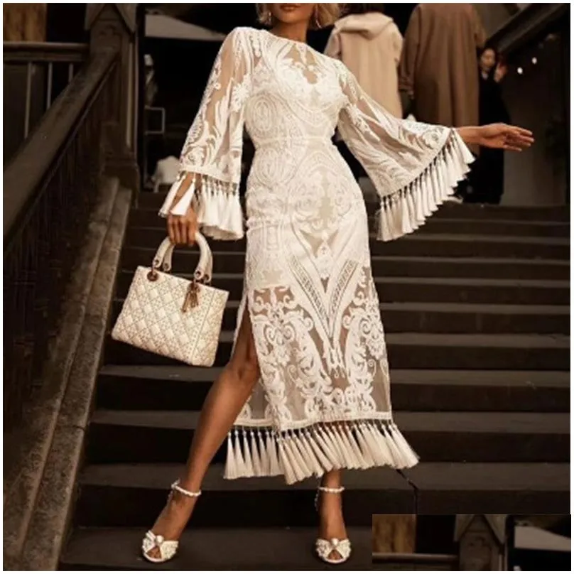 Basic & Casual Dresses Woman White Tassel Dress Flare Sleeve O-Neck Elegant Embroidery Split For Lady Party Holiday Wear Summer 21060 Dh1Rg