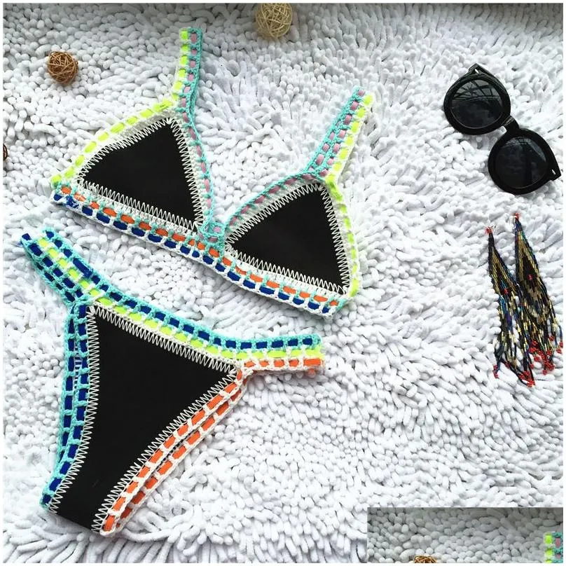 Women`S Swimwear Women S Micro Bikini Handmade Cloghet Knit Halter Work Bathing Suit Swimsuit Biquini Thong Traje De Bano 221231 Drop Dhfxv