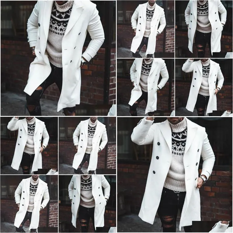 Men`S Wool & Blends Mens European Men Coat Double-Breasted White Pocket Lapel Long Trench Oversize Outwear Fashion Casual Office Jacke Dh4Nc