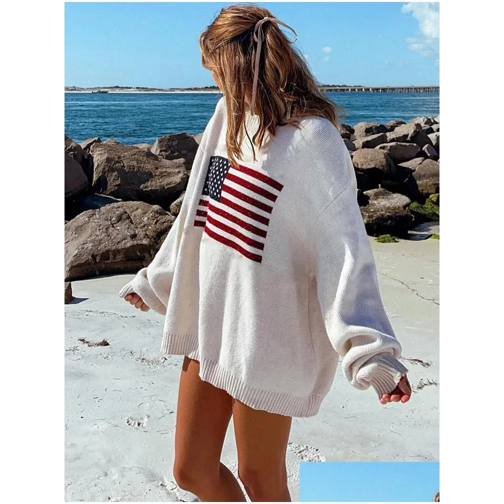 Women`S Sweaters Womens Y2K Women Winter Vintage Ladies Luxury American Flag Knit Sweater Aesthetics Long Sleeve Oversize Plover Tops Dhdm9