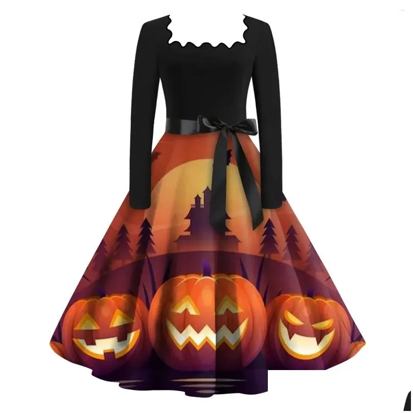 Casual Dresses Ladies Fashion Halloween Print Dress Vintage Square Neck Long Sleeve Lightweight Comfortable Soft Vestidos