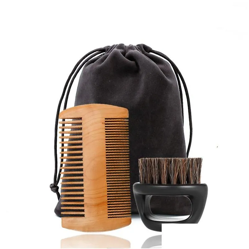 Mens Best Grooming Kit Double Sided Louse Wooden Beard Comb And Boar Bristle Care Brush Barber Kit