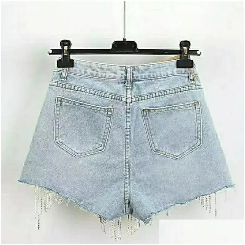 Women`S Shorts Denim Women Clothing Fashion Summer Ripped Jeans Short Femme High Waist Diamond Tassel Y2K Casual Bot For Ladies 22042 Dhe2C