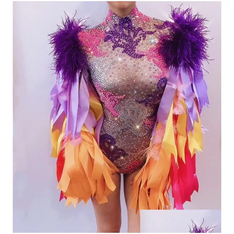 Basic & Casual Dresses Drop Colourf Feather Sleeve Bodysuit Women Nightclub Bar Party Outfit Performance Dance Costume 220812 Deliver Dhkpb