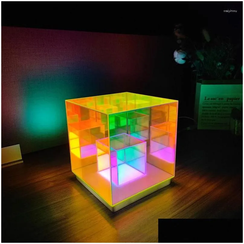 Table Lamps Acrylic Magic Cube 3D Lamp Bedroom Bedside Usb Led Night Light Colorf Atmosphere Desk Bar Indoor Lighting Fixtures Drop D Dhd6C