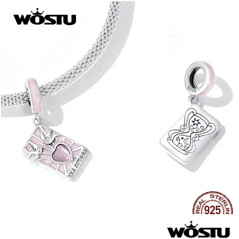 Charms Wostu 925 Sterling Sier Pink Heart Blue Tarot Cards Lovers Charm Pendents Fit Original Diy Bracelet Necklace Birthday Jewelry Dhplb