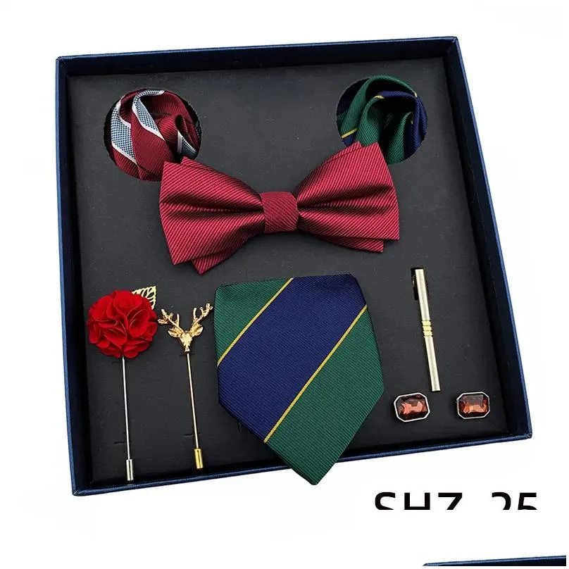 Neck Tie Set Vintage Green Mens Luxury Ties For Wedding Gift Bowtie Handkerchief Cufflinks Clip Brooch Male Necktie Drop Delivery Dhwgo