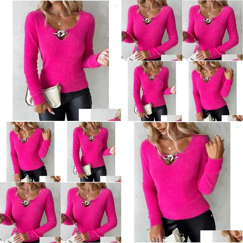 Women`s Sweaters 2024 Autumn Winter Closing Solid Color V-neck Chain Hollow Long Sleeve Plush Sweater
