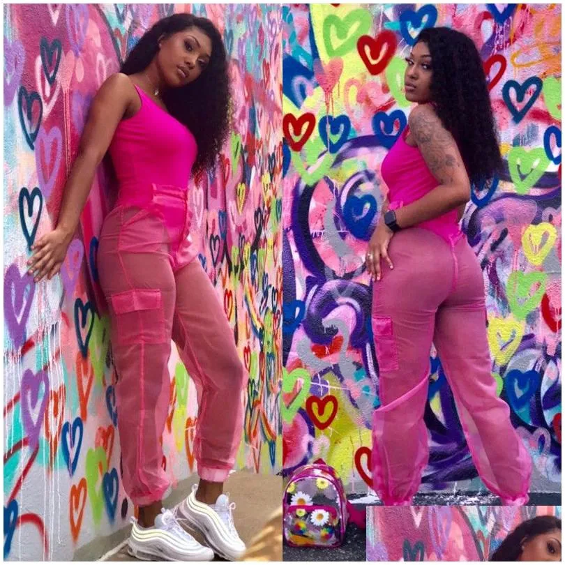 Women`S Tracksuits Anjamanor Y Two Piece Set Bodysuit Top And Mesh Pants Neon Pink Green Summer 2 Club Outfits Matching Sets D59-Ab72 Dhcey