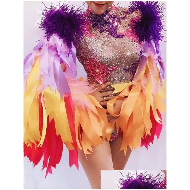Basic & Casual Dresses Drop Colourf Feather Sleeve Bodysuit Women Nightclub Bar Party Outfit Performance Dance Costume 220812 Deliver Dhkpb