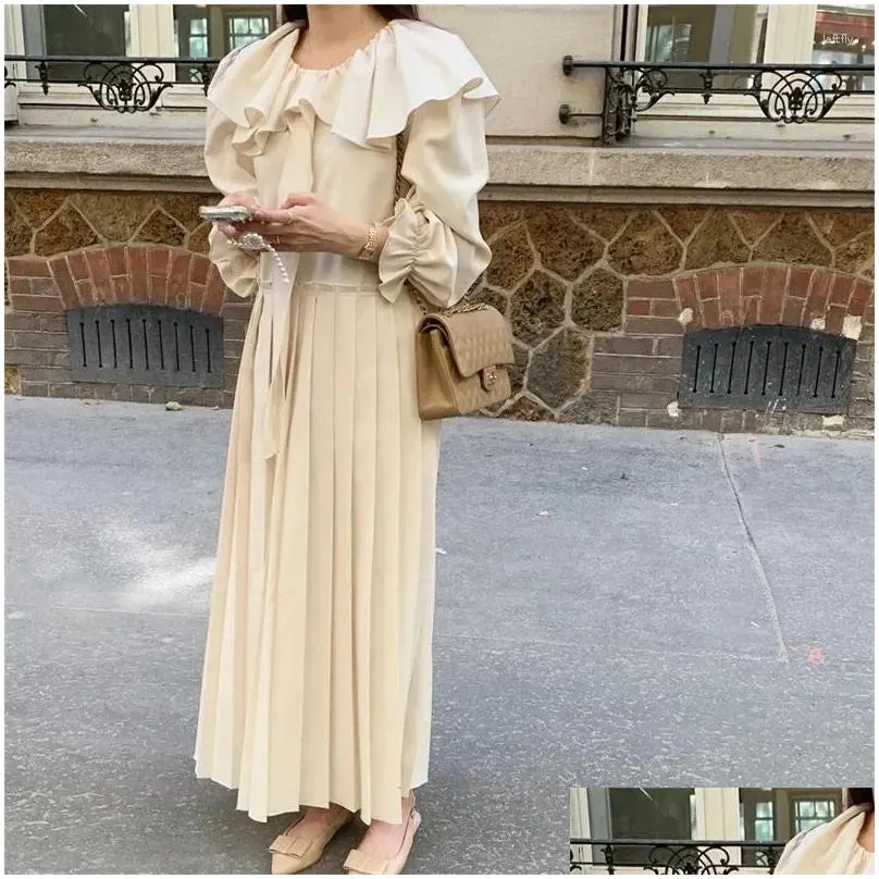 Casual Dresses Elegant Ruffle Collar For Women 2024 French Long Sleeve Bangage Pleated Maxi Vintage A Line Party Dress Q485